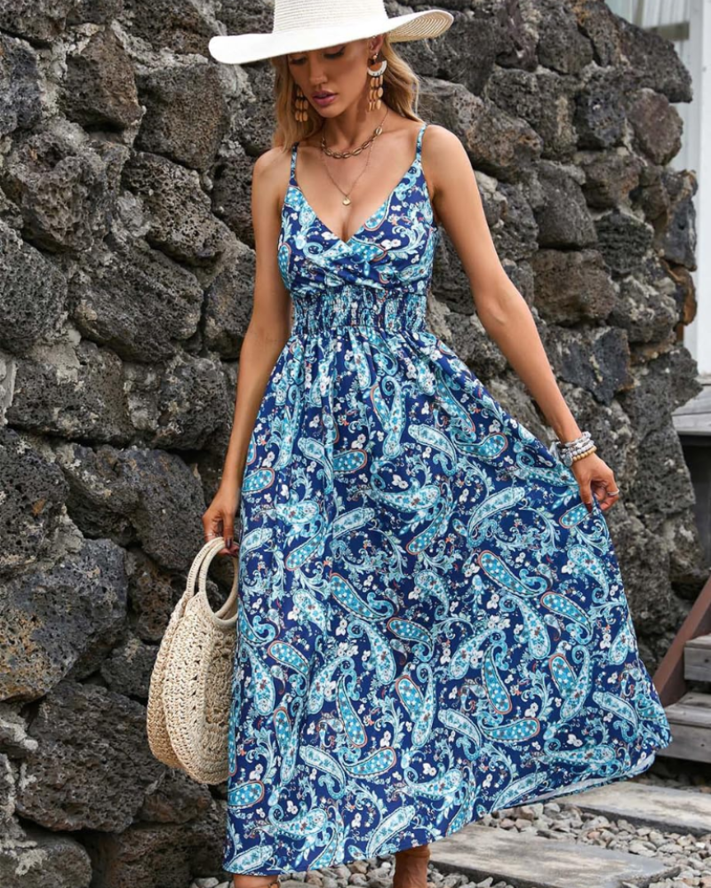 Isla Women's Floral Maxi Dress – V-Neck Boho High Waist Summer Dress with Spaghetti Straps