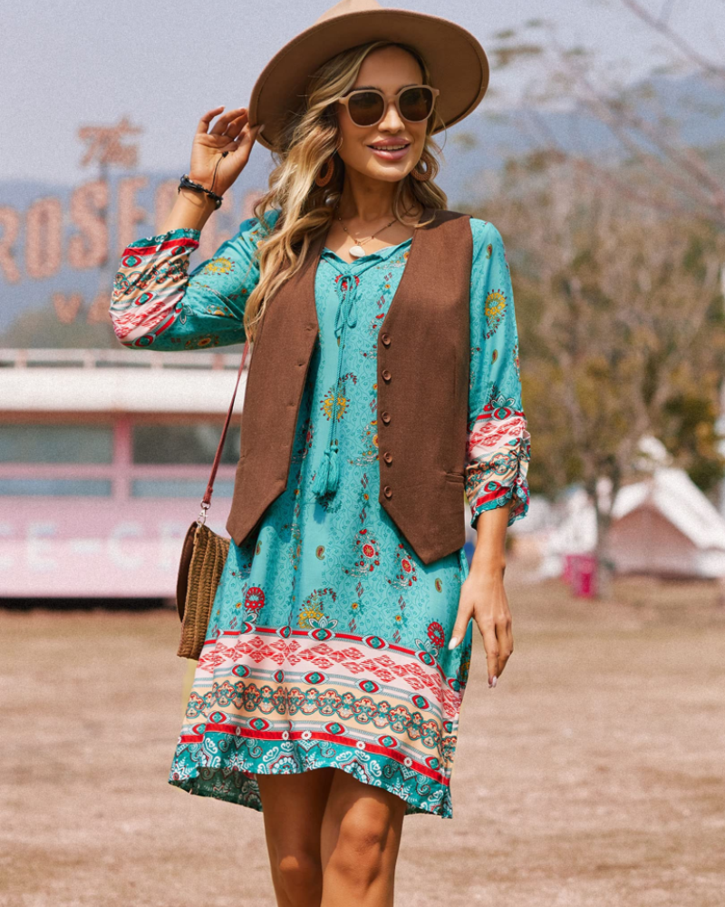 Evelyn Women's Boho Tunic Dress – Floral Tassel Long Sleeve Mini Beach Cover-Up