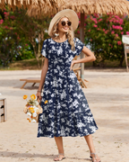 Harper Women's Floral Midi Dress – A-Line Petal Sleeve Dress with Tiered Hem & Pockets