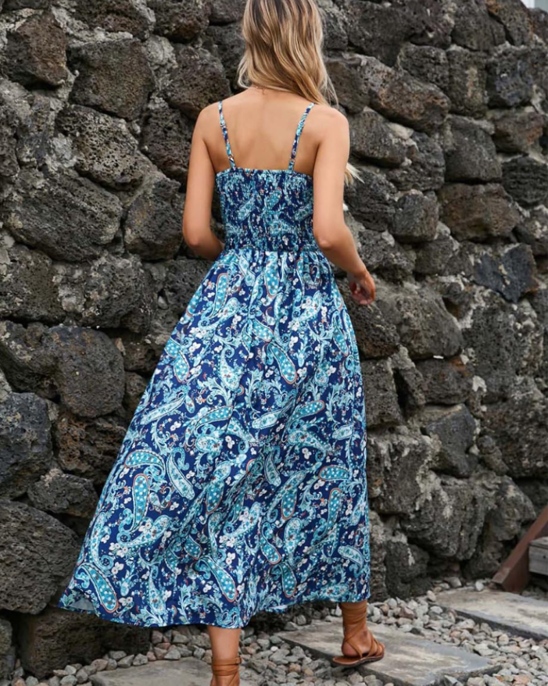 Isla Women's Floral Maxi Dress – V-Neck Boho High Waist Summer Dress with Spaghetti Straps