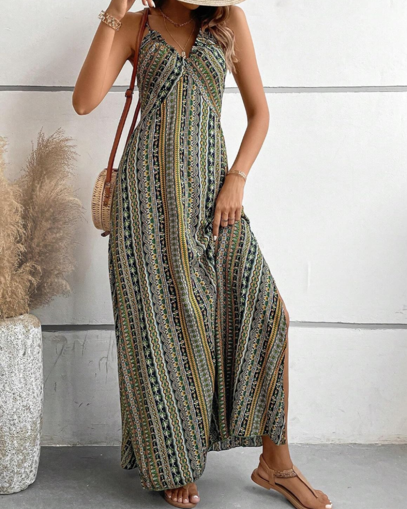 Sienna Women's Bohemian Maxi Dress – Sleeveless V-Neck Ethnic Print Summer Dress