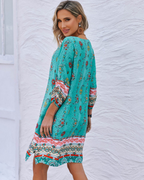 Evelyn Women's Boho Tunic Dress – Floral Tassel Long Sleeve Mini Beach Cover-Up