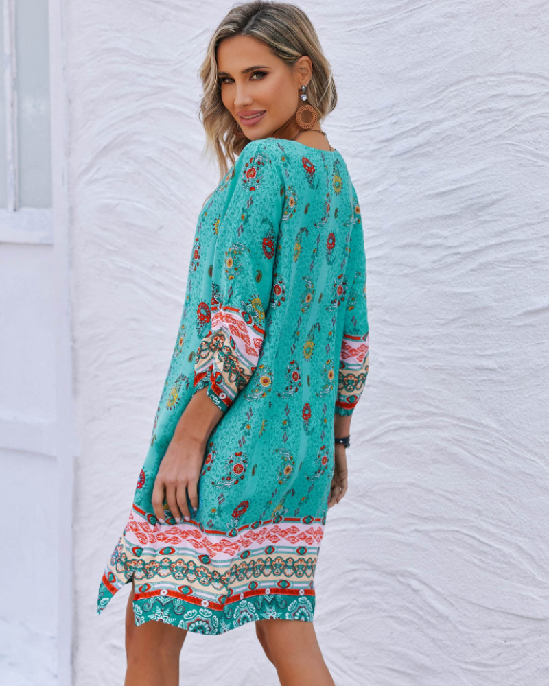 Evelyn Women's Boho Tunic Dress – Floral Tassel Long Sleeve Mini Beach Cover-Up