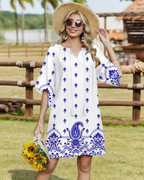 Cecilia Women's Boho Tunic Dress – V-Neck Floral Tassel Knee-Length with Pockets