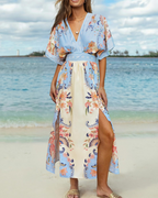 Vivian Women's Boho Maxi Dress – Deep V-Neck Kimono Sleeve Floral Dress with Slit