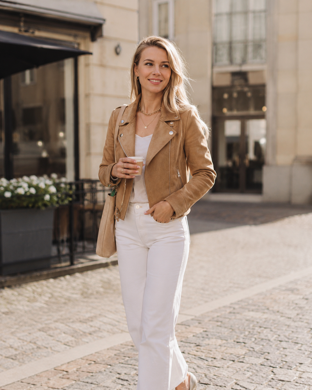 Marigold Women's Suede Biker Jacket – Camel Fitted Moto Jacket for Chic Outfits