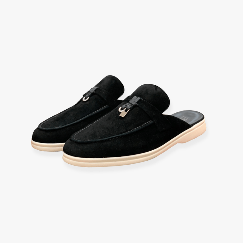 Emary Women's Slip-On Mules – Buckle Detail PU Leather Flats with Cushioned Insole