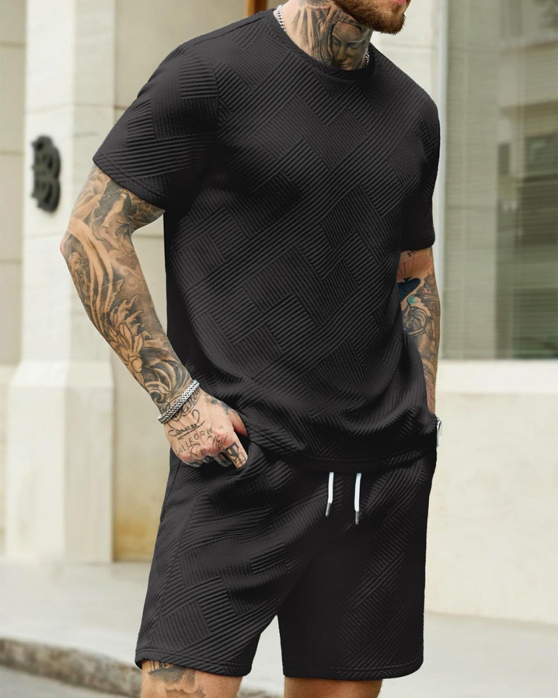 Dylan Men’s Jacquard 2-Piece Tracksuit Set – Summer Short Sleeve Tee & Shorts Set