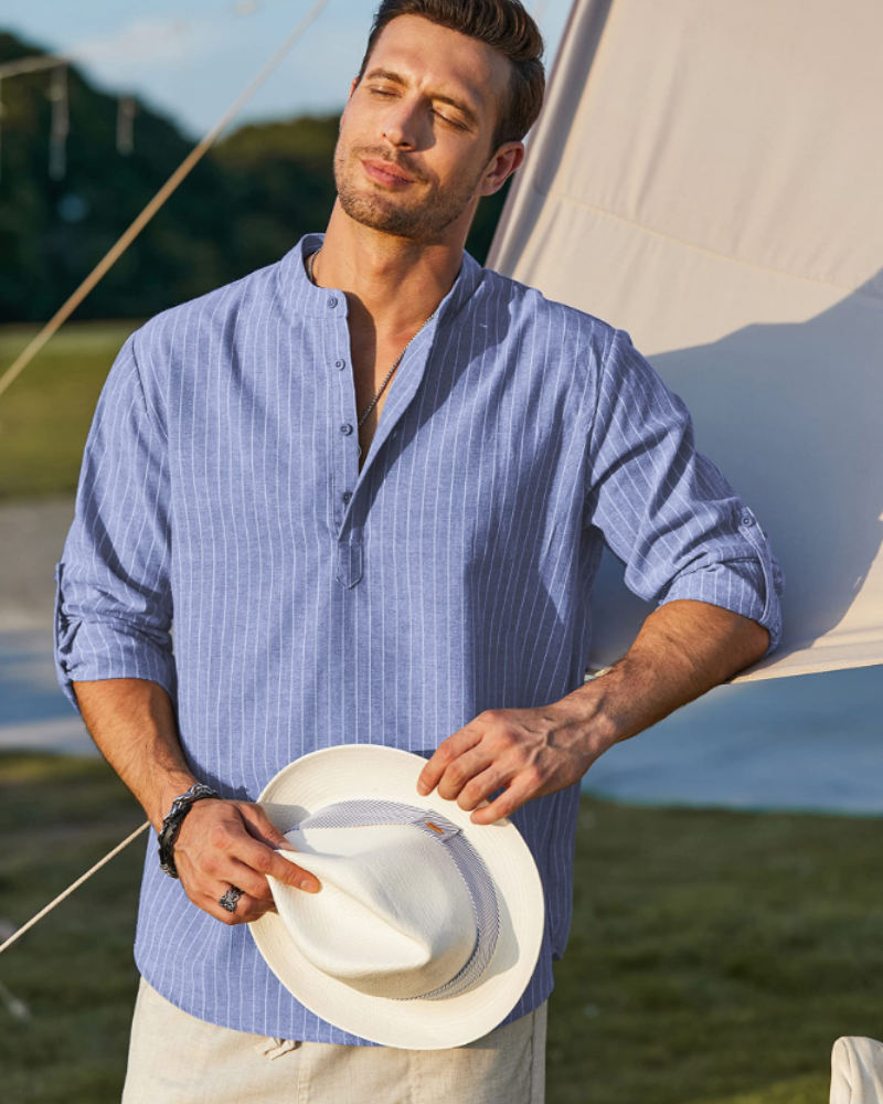 Calvin Men’s Henley Shirt – Long Sleeve Cotton Linen Casual Summer Shirt