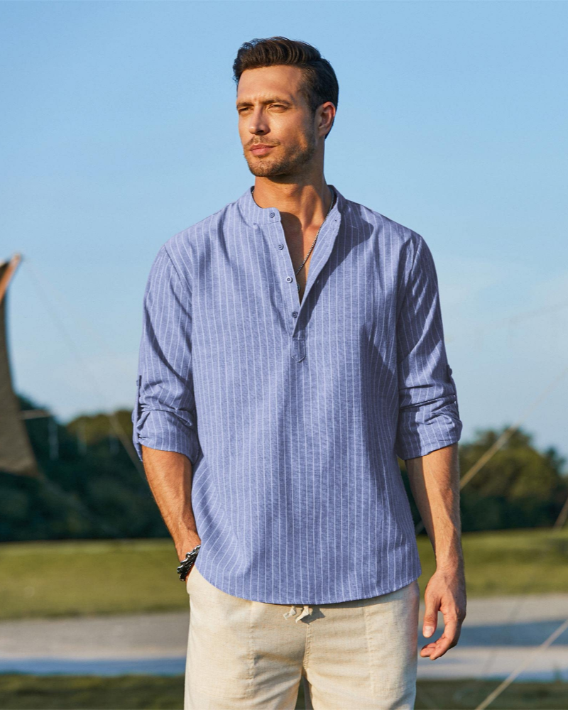 Calvin Men’s Henley Shirt – Long Sleeve Cotton Linen Casual Summer Shirt