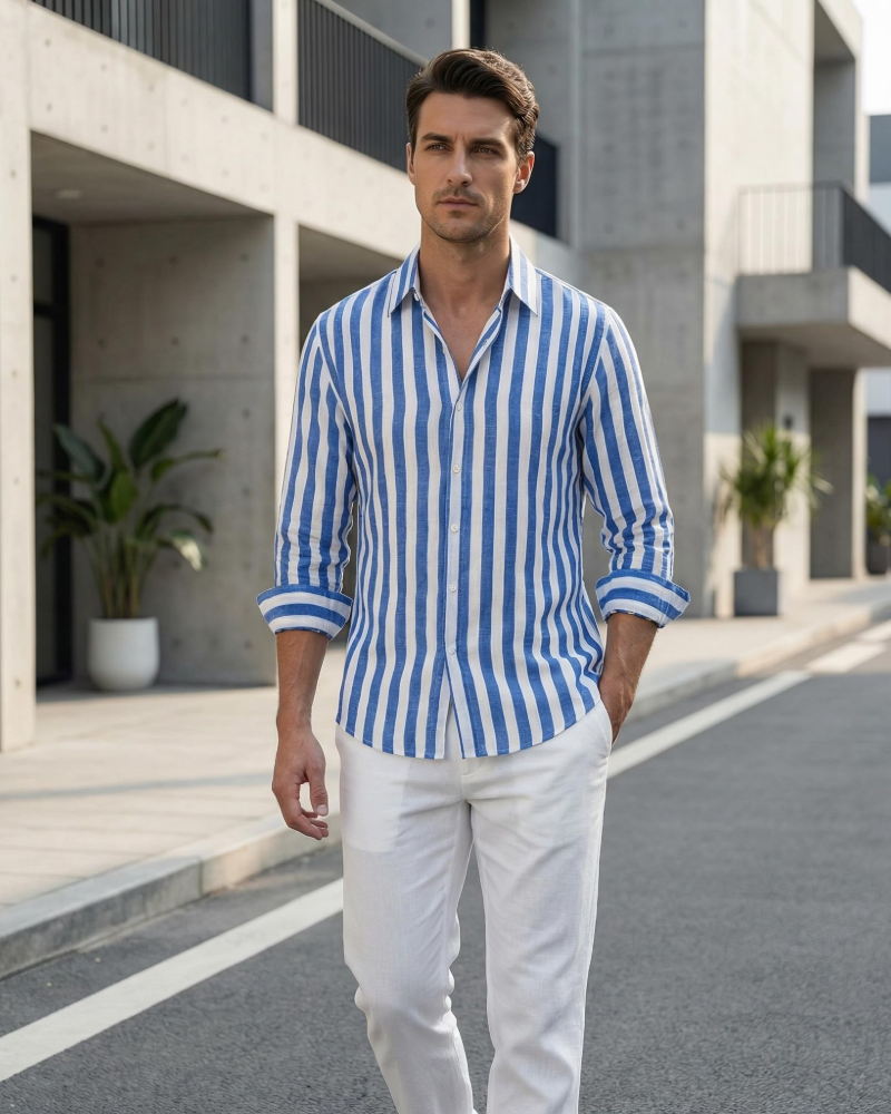 Logan Men’s Striped Shirt – Long Sleeve Button Down Lightweight Beach Shirt