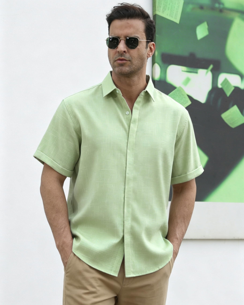 Mason Men’s Linen Shirt – Short Sleeve Hidden Button Casual Beach Shirt