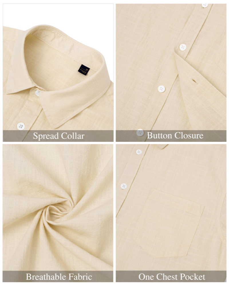 Jasper Men’s Cotton Linen Shirt – Button Down Spread Collar Casual Summer Shirt