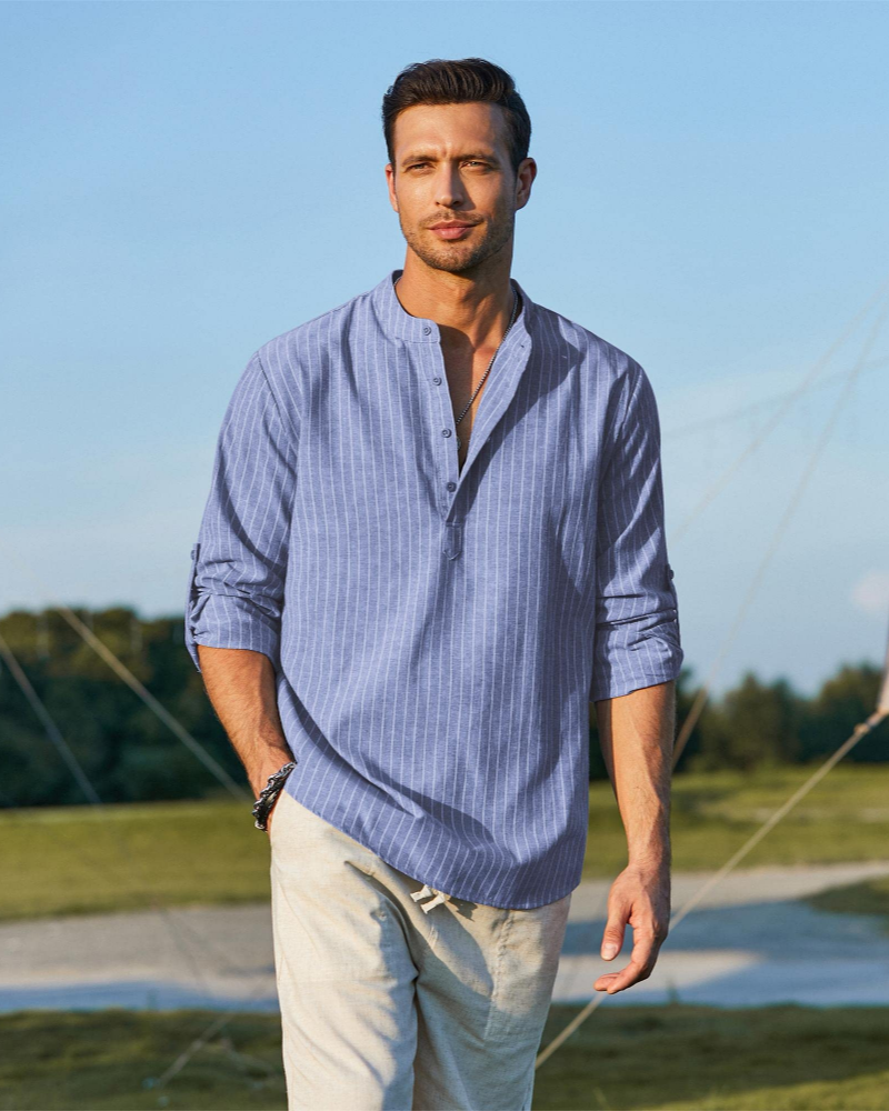 Calvin Men’s Henley Shirt – Long Sleeve Cotton Linen Casual Summer Shirt