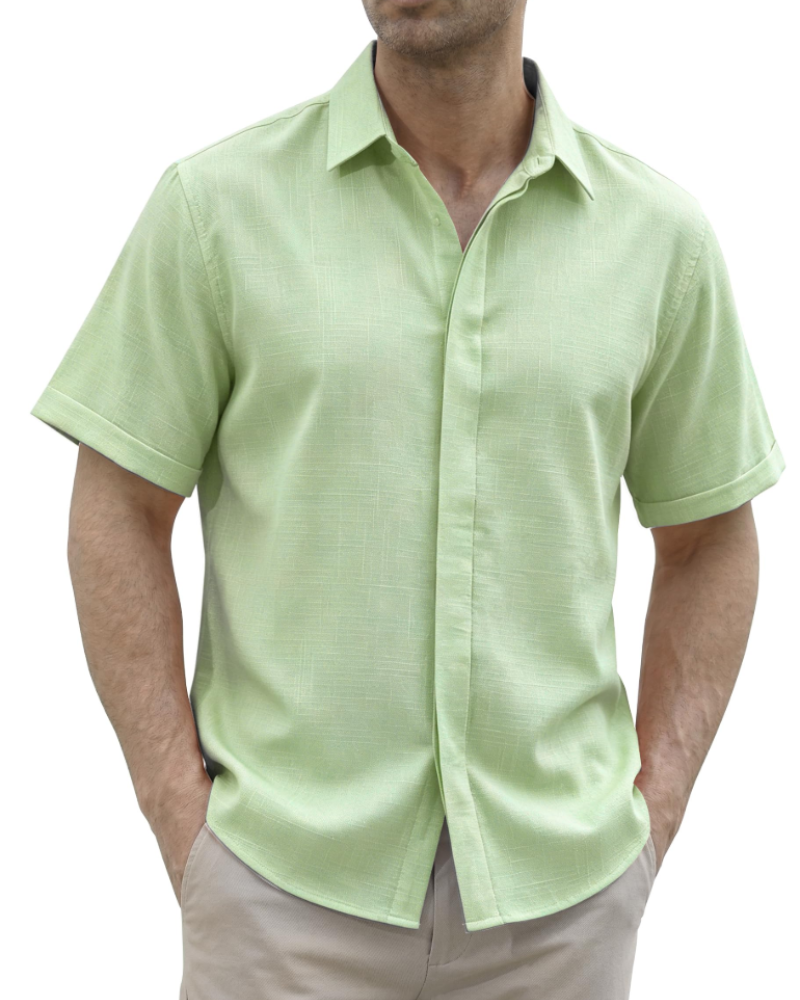 Mason Men’s Linen Shirt – Short Sleeve Hidden Button Casual Beach Shirt