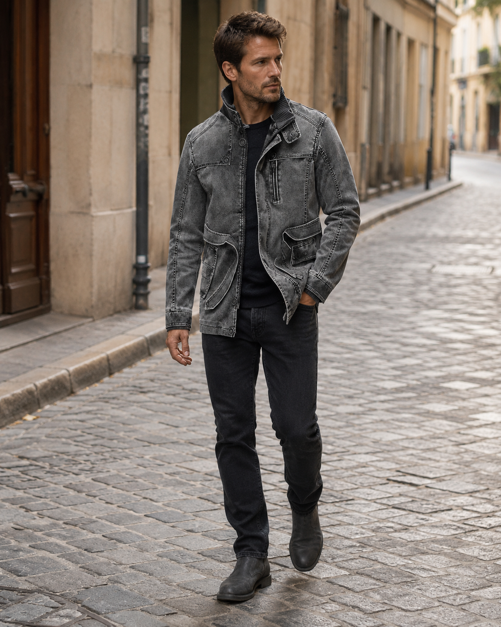 Shon Men’s Vintage Leather Jacket – Classic Button Detail & Warm Lined Zip Coat