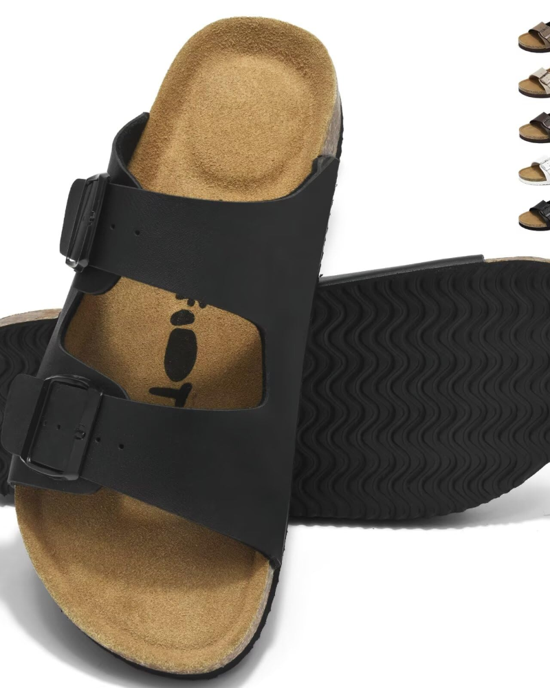 James Men's Cork Footbed Mules – Double Buckle Slip-On Sandals with Arch Support