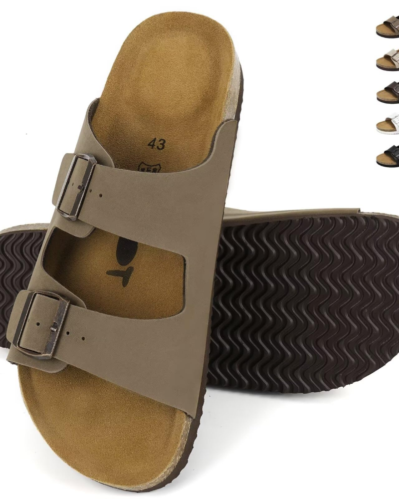 James Men's Cork Footbed Mules – Double Buckle Slip-On Sandals with Arch Support