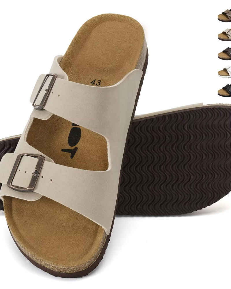 James Men's Cork Footbed Mules – Double Buckle Slip-On Sandals with Arch Support