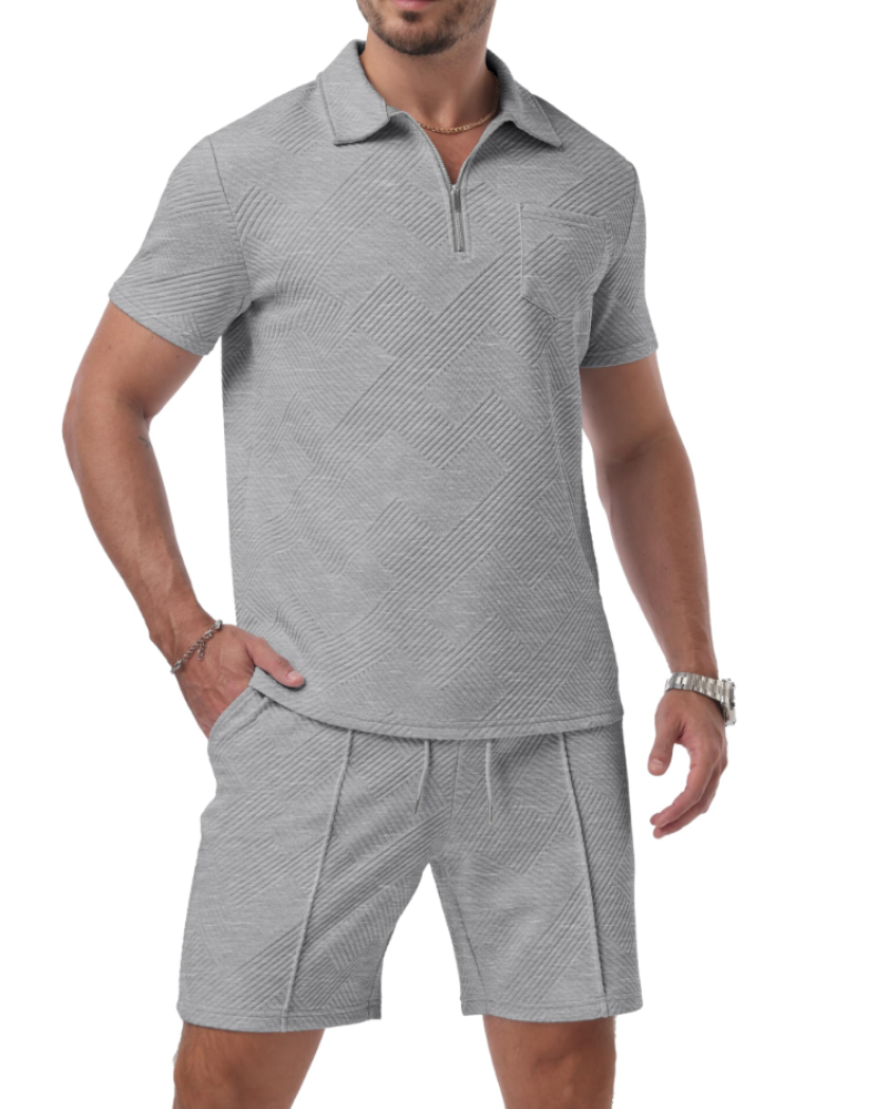Victor Men's Polo Set – Jacquard 3D Shirt & Shorts Zip Casual Sport Summer Outfit