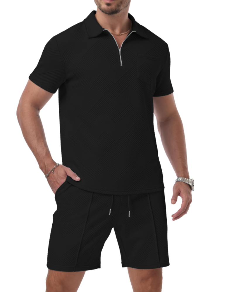 Victor Men's Polo Set – Jacquard 3D Shirt & Shorts Zip Casual Sport Summer Outfit