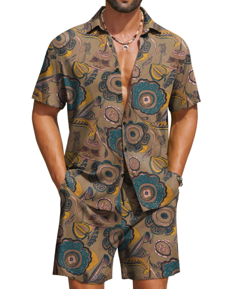 Mason Men's Hawaiian Set – Tropical Button Down Shirt and Drawstring Shorts