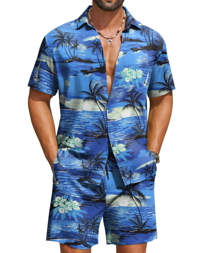 Mason Men's Hawaiian Set – Tropical Button Down Shirt and Drawstring Shorts