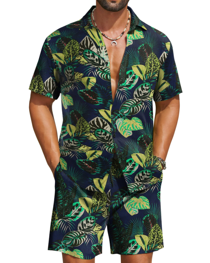 Mason Men's Hawaiian Set – Tropical Button Down Shirt and Drawstring Shorts