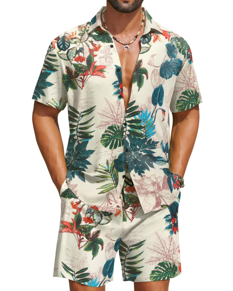 Mason Men's Hawaiian Set – Tropical Button Down Shirt and Drawstring Shorts