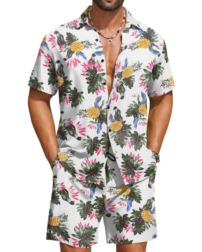 Mason Men's Hawaiian Set – Tropical Button Down Shirt and Drawstring Shorts