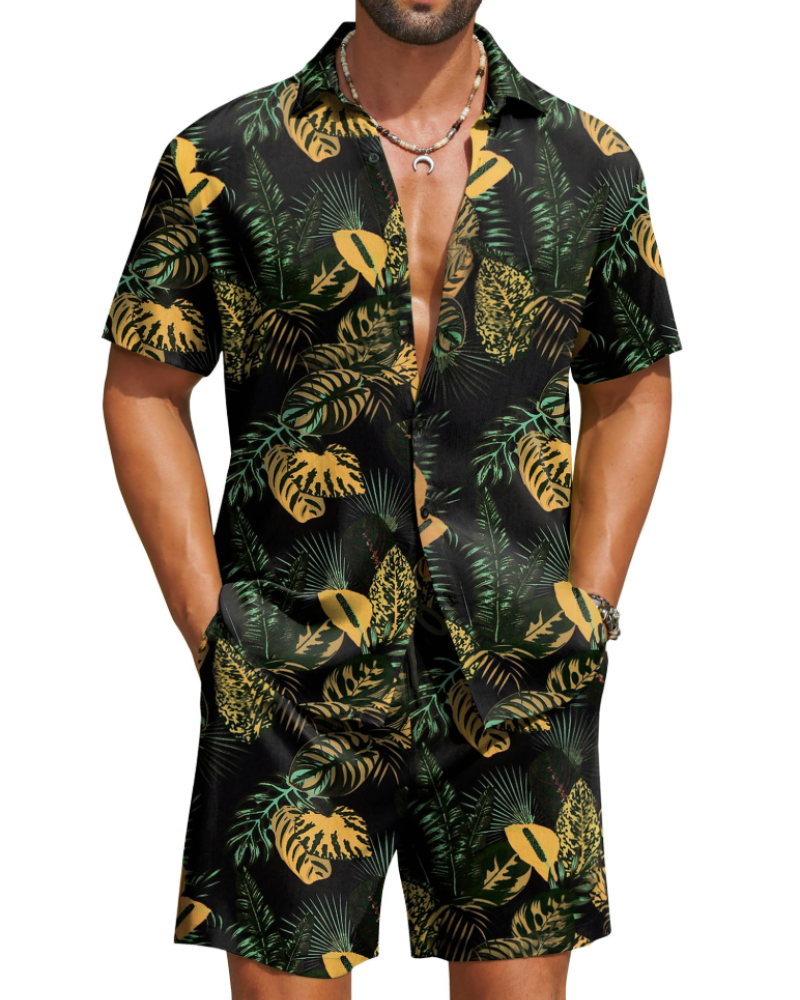 Mason Men's Hawaiian Set – Tropical Button Down Shirt and Drawstring Shorts