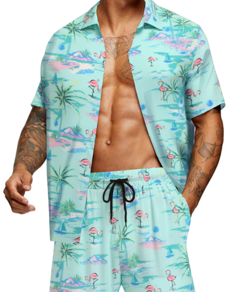 Mason Men's Hawaiian Set – Tropical Button Down Shirt and Drawstring Shorts