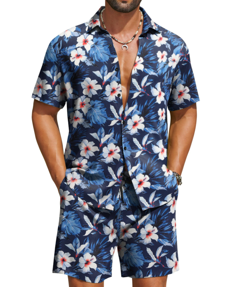 Mason Men's Hawaiian Set – Tropical Button Down Shirt and Drawstring Shorts