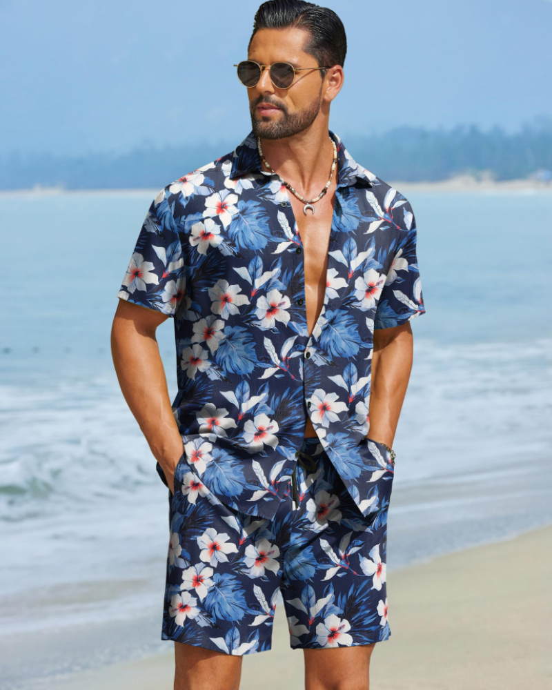 Mason Men's Hawaiian Set – Tropical Button Down Shirt and Drawstring Shorts