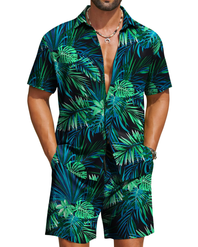 Mason Men's Hawaiian Set – Tropical Button Down Shirt and Drawstring Shorts