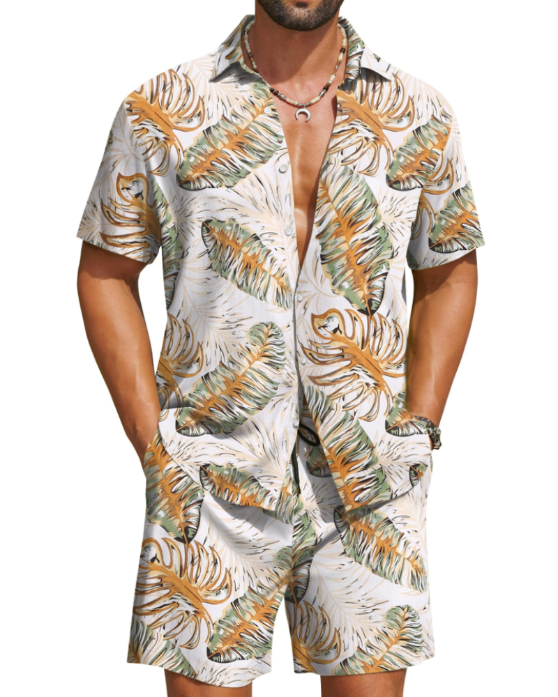 Mason Men's Hawaiian Set – Tropical Button Down Shirt and Drawstring Shorts