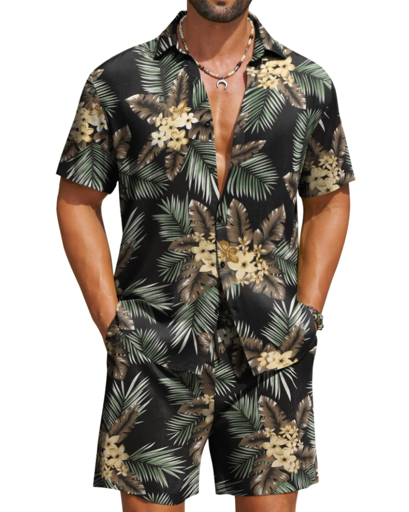 Mason Men's Hawaiian Set – Tropical Button Down Shirt and Drawstring Shorts