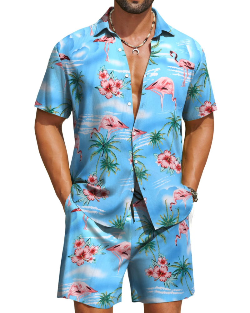 Mason Men's Hawaiian Set – Tropical Button Down Shirt and Drawstring Shorts