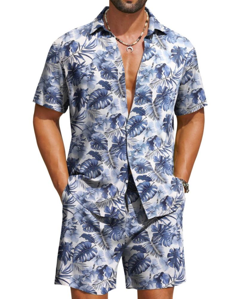 Mason Men's Hawaiian Set – Tropical Button Down Shirt and Drawstring Shorts