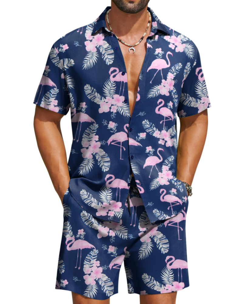 Mason Men's Hawaiian Set – Tropical Button Down Shirt and Drawstring Shorts