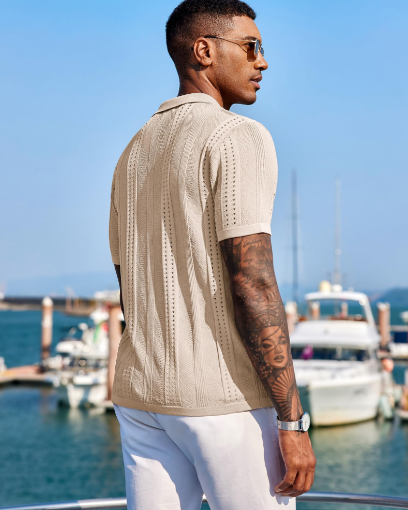 Nathan Men's Knit Polo Shirt – Button Down Textured Shirt for Resort and Summer Wear