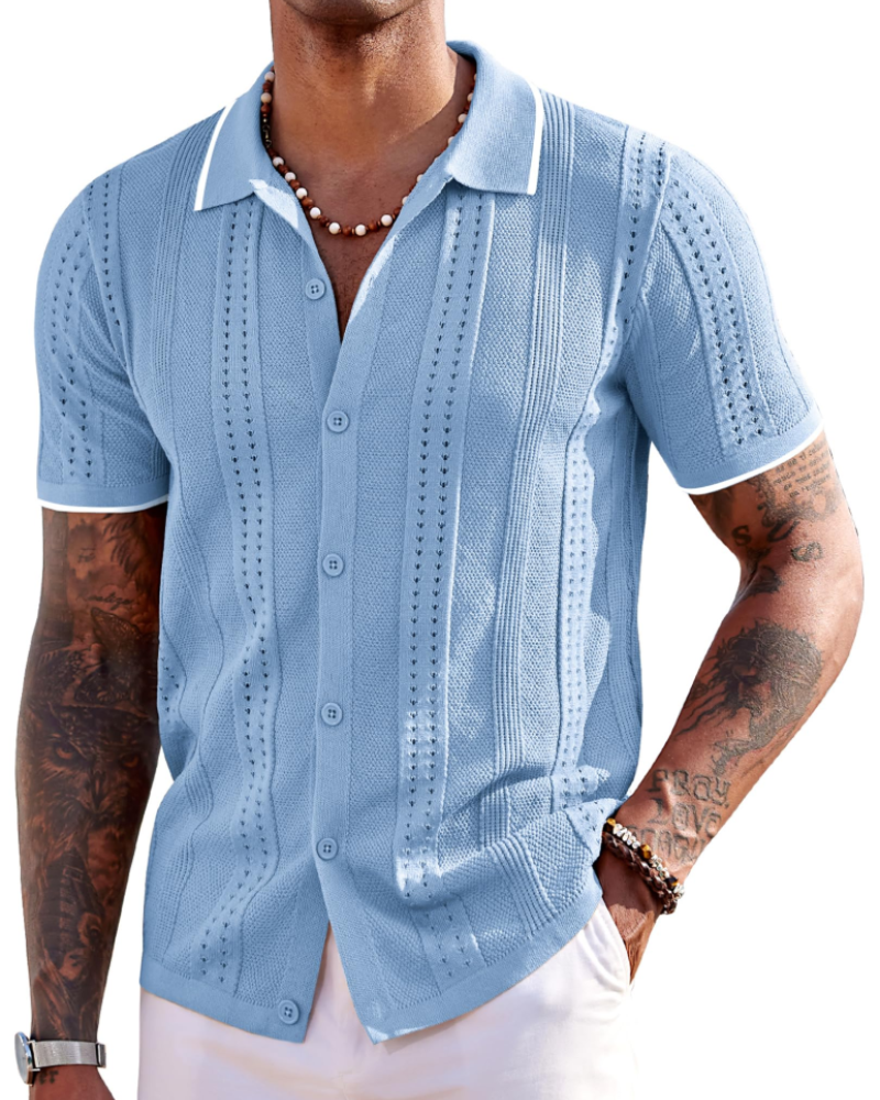 Nathan Men's Knit Polo Shirt – Button Down Textured Shirt for Resort and Summer Wear