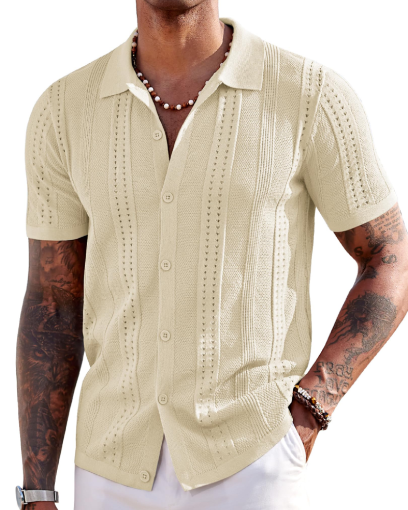 Nathan Men's Knit Polo Shirt – Button Down Textured Shirt for Resort and Summer Wear