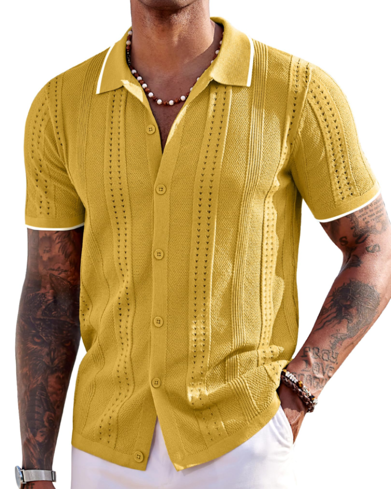 Nathan Men's Knit Polo Shirt – Button Down Textured Shirt for Resort and Summer Wear