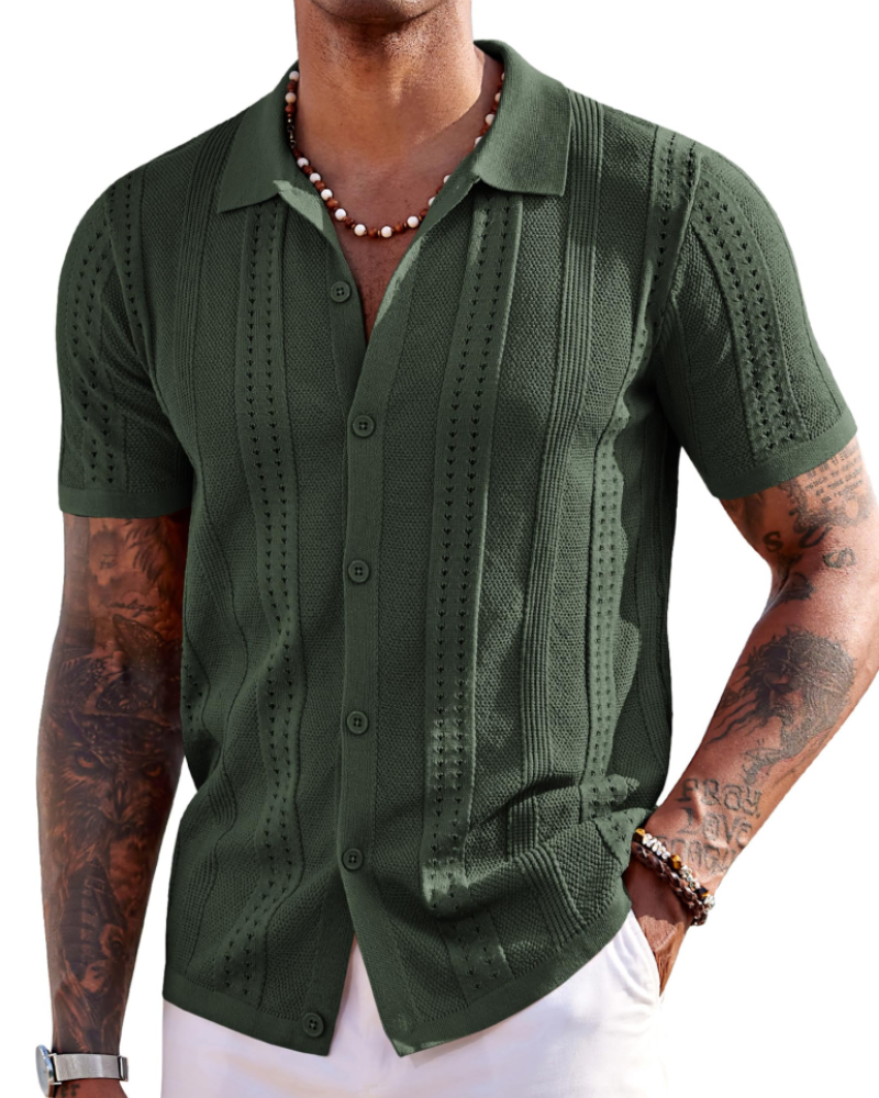 Nathan Men's Knit Polo Shirt – Button Down Textured Shirt for Resort and Summer Wear