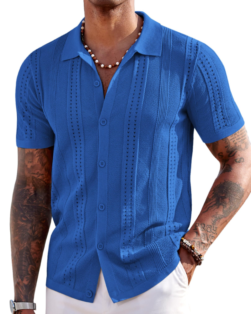 Nathan Men's Knit Polo Shirt – Button Down Textured Shirt for Resort and Summer Wear