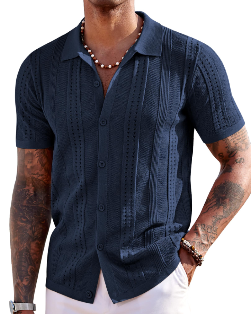 Nathan Men's Knit Polo Shirt – Button Down Textured Shirt for Resort and Summer Wear