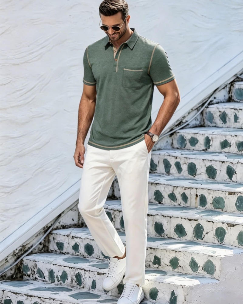 Ryan Men's Cotton Polo Shirt – Contrast Collar Polo with Chest Pocket for Work and Golf