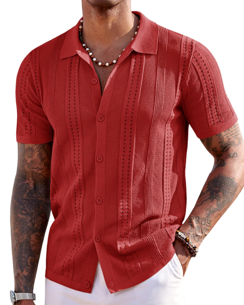 Nathan Men's Knit Polo Shirt – Button Down Textured Shirt for Resort and Summer Wear