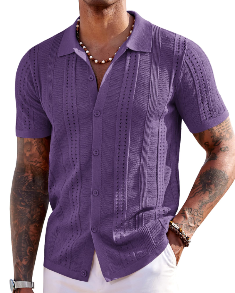 Nathan Men's Knit Polo Shirt – Button Down Textured Shirt for Resort and Summer Wear
